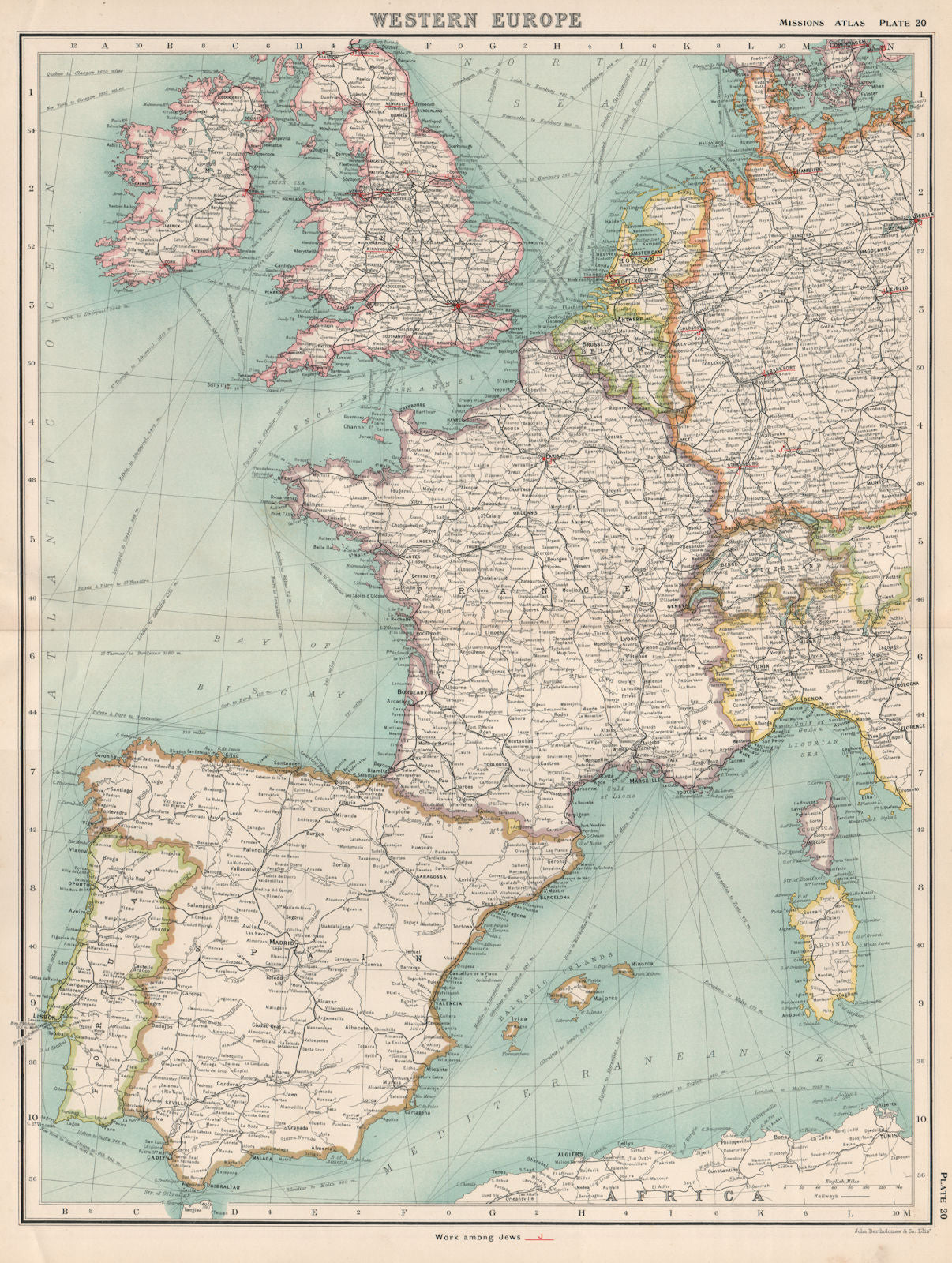 WESTERN EUROPE. Protestant Missionary work among Jews in Germany NL UK 1911 map